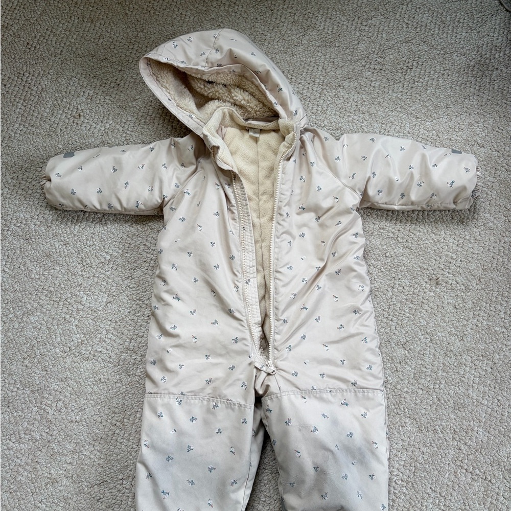 H&M Kids Cream Floral Hooded Fleece-lined Insulated One-Piece Snowsuit